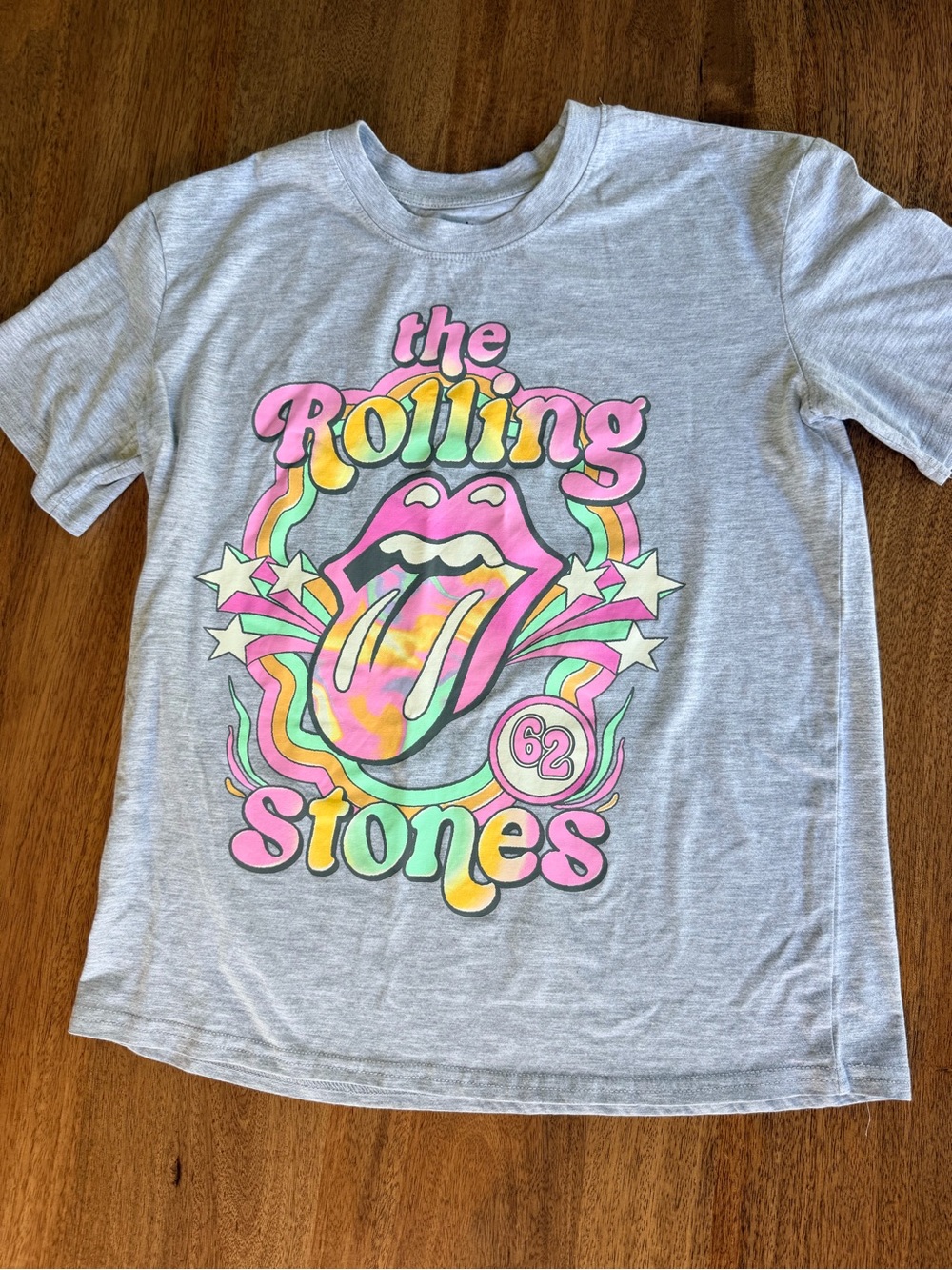 The Rolling Stones Tee - Light Gray with Pink, Yellow & Green Logo